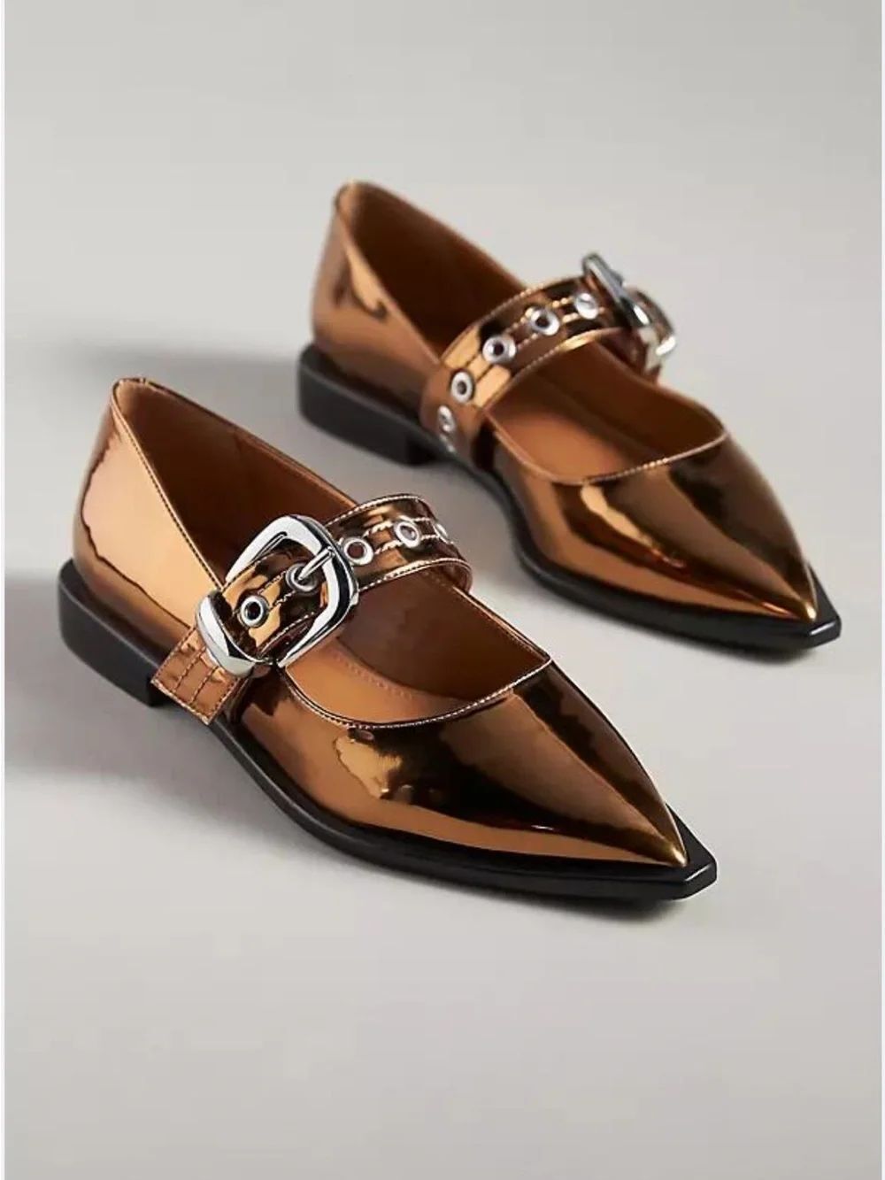 Anthropologie Maeve Pointed Toe Moto Mary Janes Bronze Metallic 38